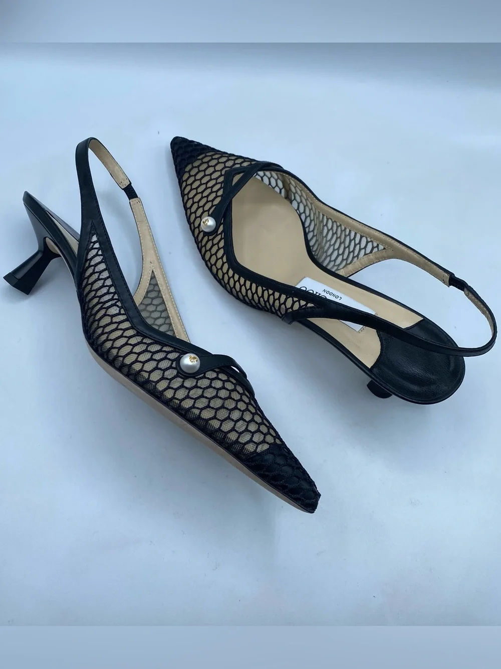 Jimmy Choo Amita 45 Black Mesh Pointed Slingback Pumps with Pearl Accent